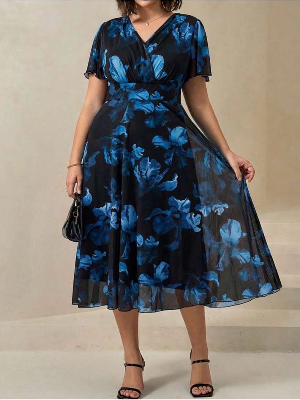 Blue Floral V-Neck A-Line Midi Dress